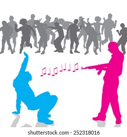 Vector silhouette of a man with a gun on a white background.