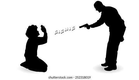Vector silhouette of a man with a gun on a white background.