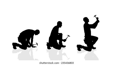 Vector silhouette of a man with a hammer on a white background.