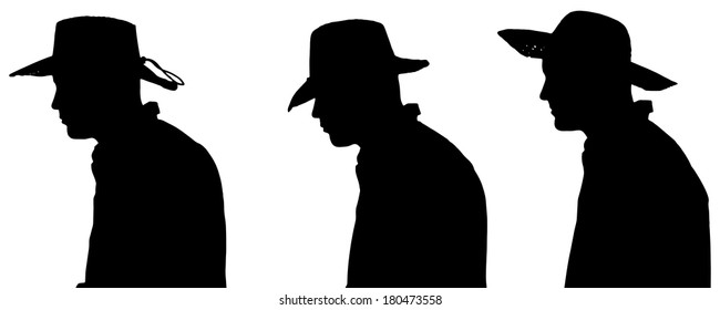 Vector silhouette of a man with a hat on a white background.