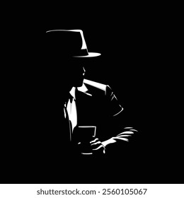 vector silhouette of a man in a hat and suit holding a glass in the dark isolated black background