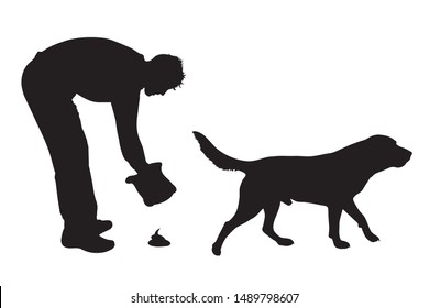 Vector silhouette of man with his dog who makes poop on white background. Symbol of animal, pet, walk,park,excrement.