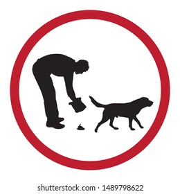 Vector silhouette of man with his dog who makes poop on white background. Symbol of animal, pet, walk,park,excrement.