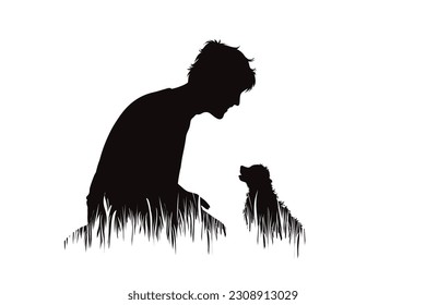 Vector silhouette of man with his dog sitting in grass in park. Symbol of pet and canine.