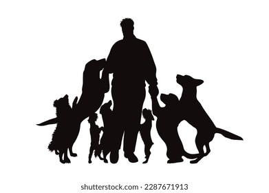 Vector silhouette of man with his group of happy dogs on white background. Symbol of pet and canine.