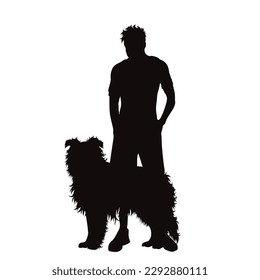 Vector silhouette of man with his happy dog on white background. Symbol of pet and sport.