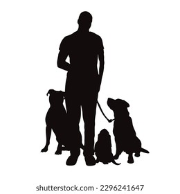 Vector silhouette of man with his happy dogs on white background. Symbol of pet and sport.