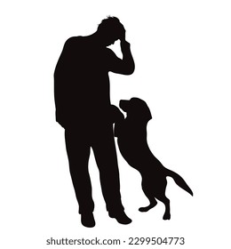 Vector silhouette of man with his happy dog on white background.