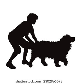 Silueta vectorial del hombre con su perro feliz sobre fondo blanco. Símbolo de mascota y canino.