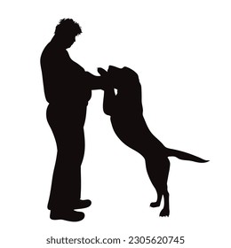 Vector silhouette of man with his happy dog on white background. Symbol of pet and canine.