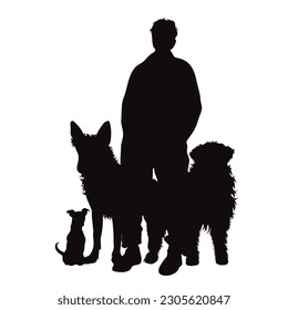 Vector silhouette of man with his happy dogs on white background. Symbol of pet and canine.