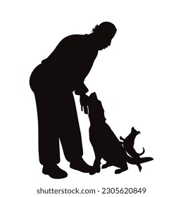 Vector silhouette of man with his happy dogs on white background. Symbol of pet and canine.
