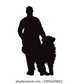 Vector silhouette of man with his happy dog on white background. Symbol of pet and canine.