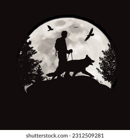 Silueta vectorial del hombre con su perro feliz sobre el fondo de la luna. Símbolo de noche y mascota.