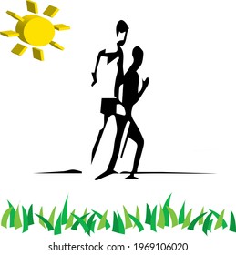 Vector, silhouette of man and his shadow running, with 3d sun and grass.