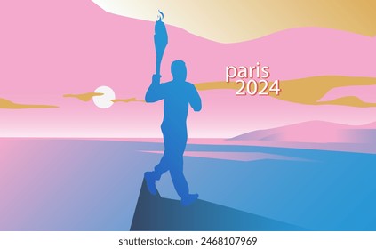 Hombre de silueta de Vector sosteniendo una antorcha de fuego fondo de carrera sol atardecer nubes rosa azul blanco crema mezcla degradado color cielo