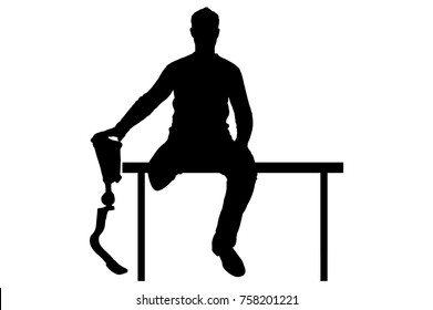 Vector silhouette of a man holding the hand of his prosthetic leg, sitting on the bench. Conceptual scene, element for design