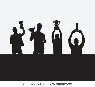 Vector silhouette man holding a winning trophy  