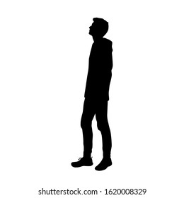 Vector silhouette of a man in a hoodie and jeans standing, profile, black color, isolated on a white background