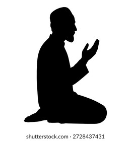 Vector silhouette of a man kneeling in prayer with raised hands, isolated on a white background.