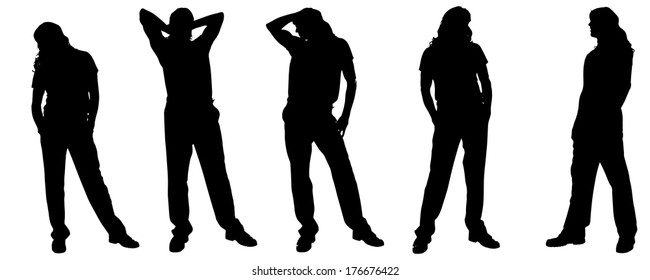 Vector Silhouette Of A Man With Long Hair On A White Background. 