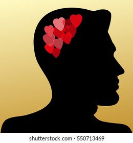 Vector silhouette of a man in love on a golden light background. Flat style. Valentine's Day cards. Vector illustration, isolated on a gold light  background.