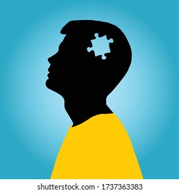 vector Silhouette of a man with missing piece of jigsaw , memory loss concept - psychological help, psychiatry concept