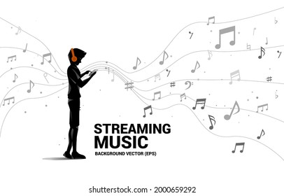 Vector silhouette man with mobile phone and headphone and  music melody note dancing flow . Concept background for song and concert theme.