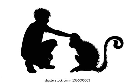 Vector silhouette of man with monkey on white background. Symbol of animal and friendship.