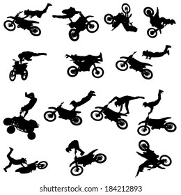 Vector silhouette of a man with a motorcycle on a white background.