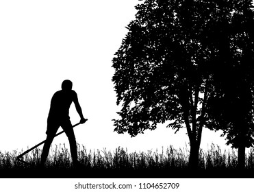 Vector silhouette of man mowing grass with a scythe under the tree