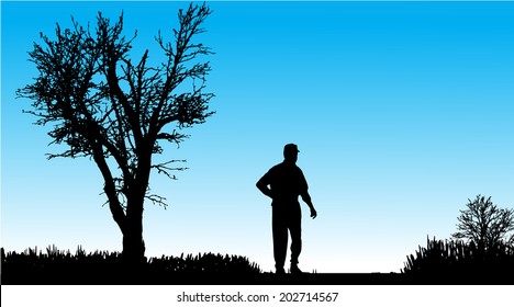 Vector silhouette of man in nature along the beautiful days.