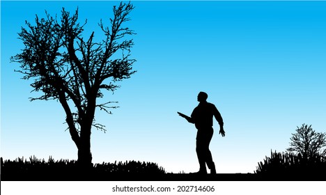 Vector silhouette of man in nature along the beautiful days.