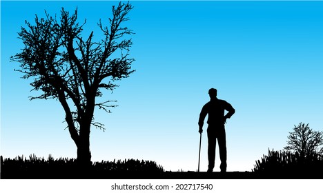 Vector silhouette of man in nature along the beautiful days.