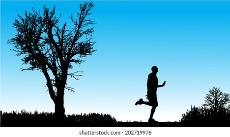 Vector silhouette of man in nature along the beautiful days.