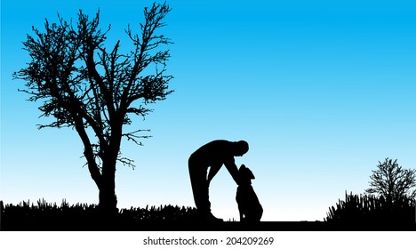 Vector silhouette of man in nature along the beautiful days.