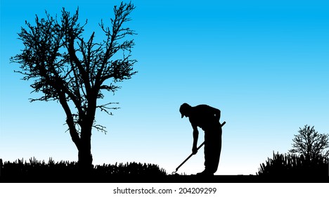 Vector silhouette of man in nature along the beautiful days.