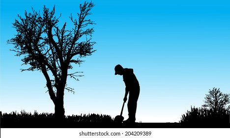 Vector silhouette of man in nature along the beautiful days.