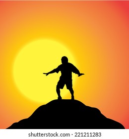Vector silhouette of a man in nature at sunset.