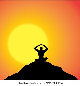 Vector silhouette of a man in nature at sunset.