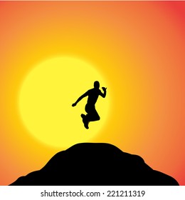 Vector silhouette of a man in nature at sunset.