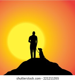 Vector silhouette of a man in nature at sunset.