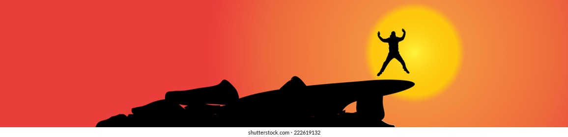 Vector silhouette of a man in nature at sunset.