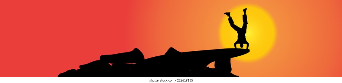 Vector silhouette of a man in nature at sunset.