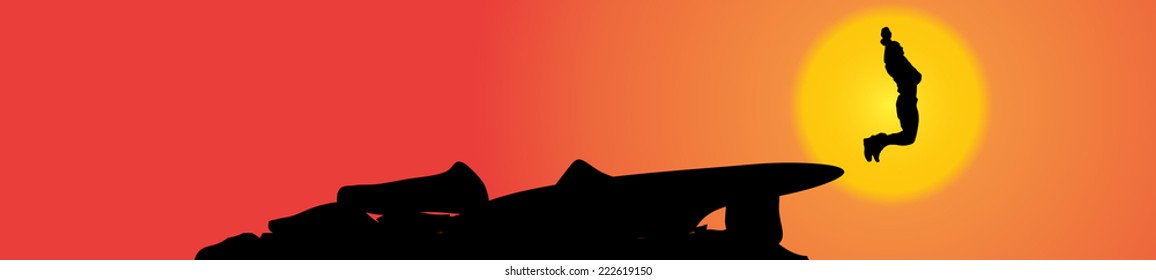 Vector silhouette of a man in nature at sunset.