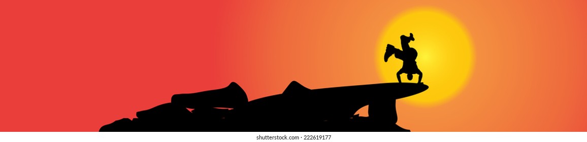 Vector silhouette of a man in nature at sunset.