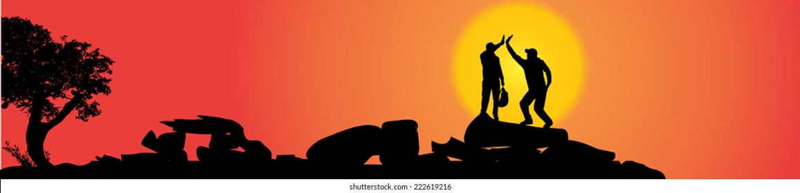 Vector silhouette of a man in nature at sunset.