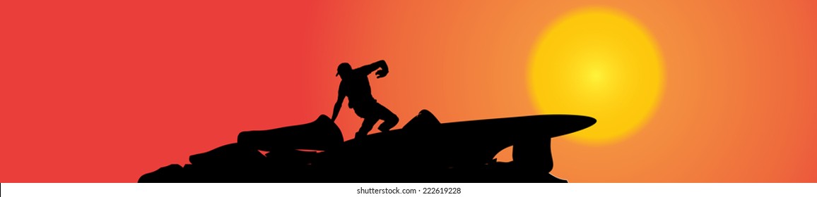 Vector silhouette of a man in nature at sunset.
