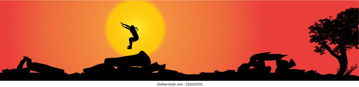 Vector silhouette of a man in nature at sunset.