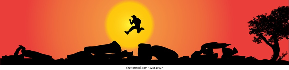 Vector silhouette of a man in nature at sunset.